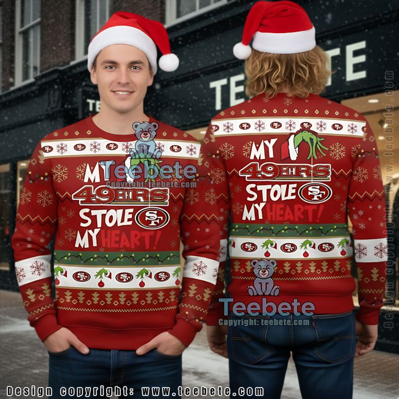 San Francisco 49Ers The Grinch My Heart Funny Ugly Sweater White Red