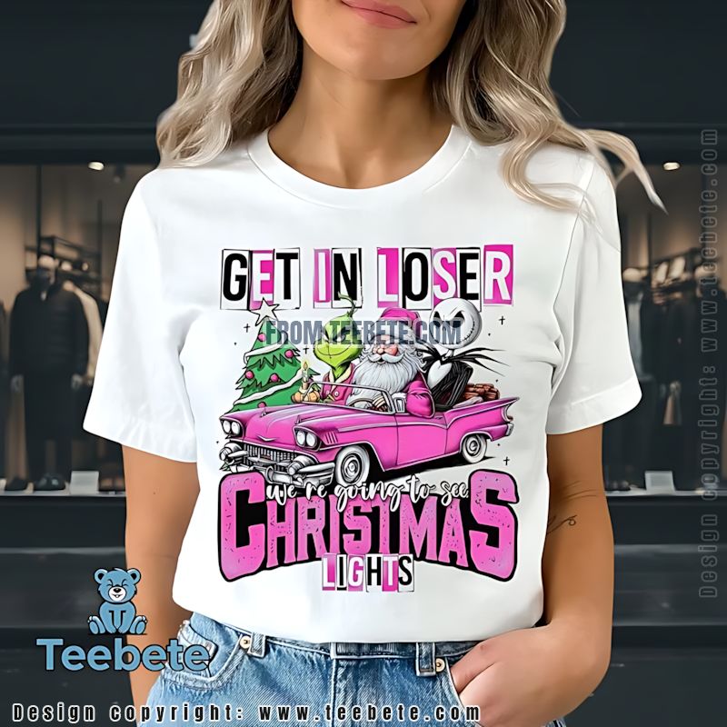 Santa Jack Grinch Shirt Christmas Lights Pink Car Movie Mashup