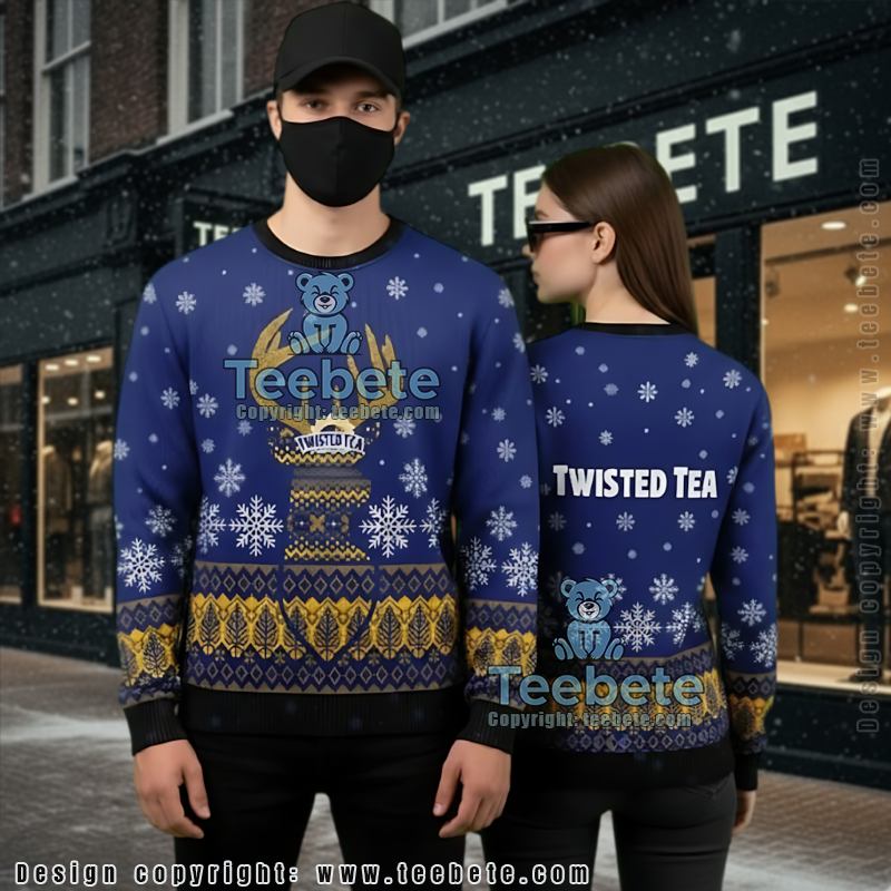 Twisted Tea Ugly Christmas Sweater Blue And Gold Festive Drinking Apparel