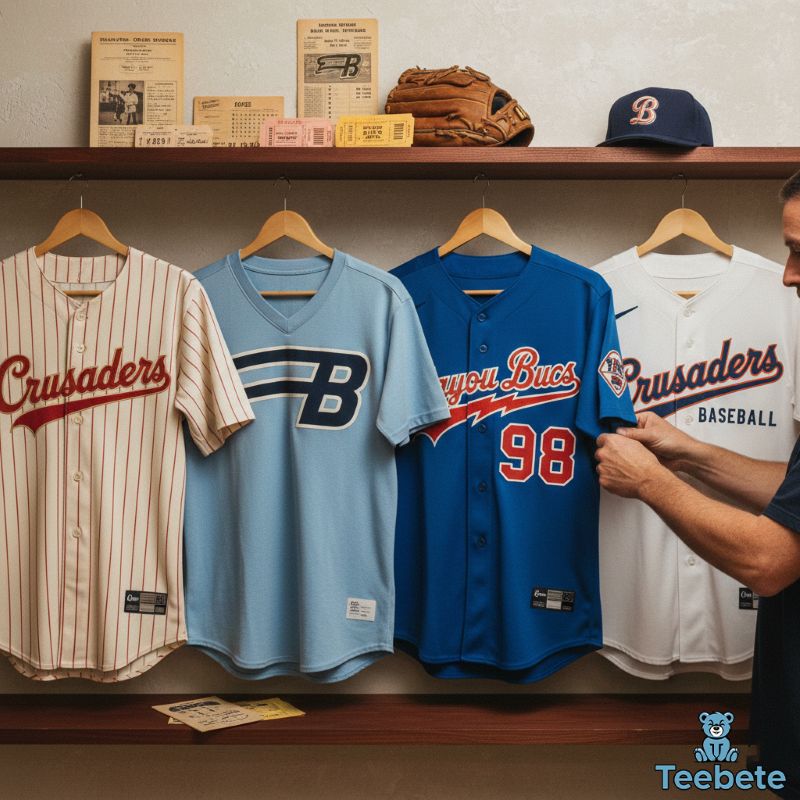Baseball fan examining vintage team apparel collection Baseball fan examining vintage team apparel collection