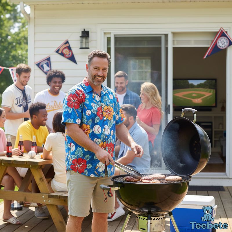 Baseball fan hosting summer BBQ in team Hawaiian shirt Baseball fan hosting summer BBQ in team Hawaiian shirt