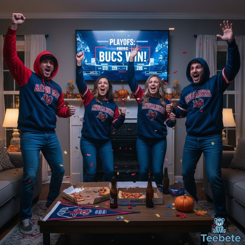 Baseball fans celebrating playoff victory in team hoodies and jerseys Baseball fans celebrating playoff victory in team hoodies and jerseys