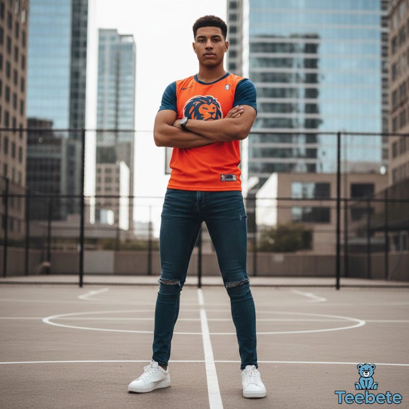 Young fan in basketball team shirt showcasing streetwear style Basketball fan wearing stylish team t-shirt in urban setting