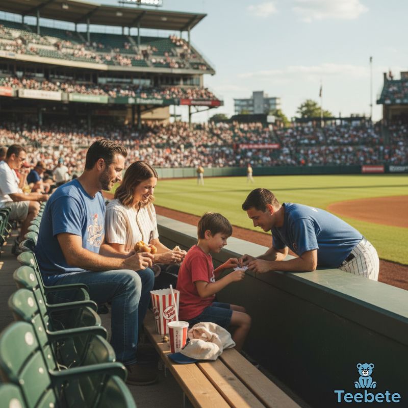 Family enjoying summer day game at baseball stadium in casual team apparel Family enjoying summer day game at baseball stadium in casual team apparel