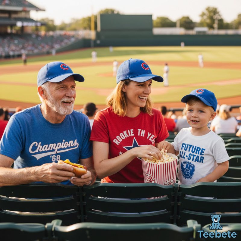 Multi-generational family in matching baseball team shirts enjoying game Family wearing baseball team apparel at summer ballpark