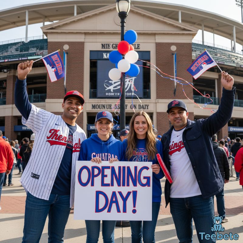 Fans celebrating Opening Day in fresh baseball team apparel Fans celebrating Opening Day in fresh baseball team apparel