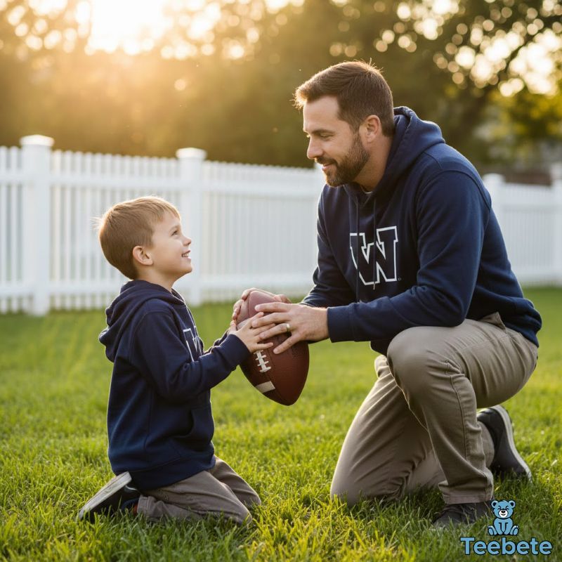 Father and child bonding over football in matching team hoodies