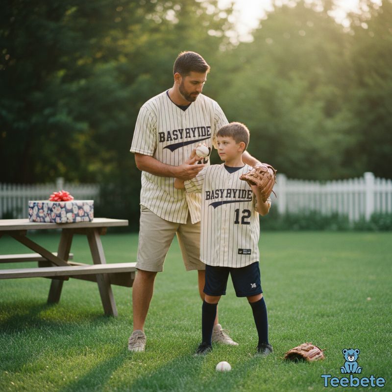 Father and son in matching vintage baseball jerseys on Father's Day Father and son in matching vintage baseball jerseys on Father's Day