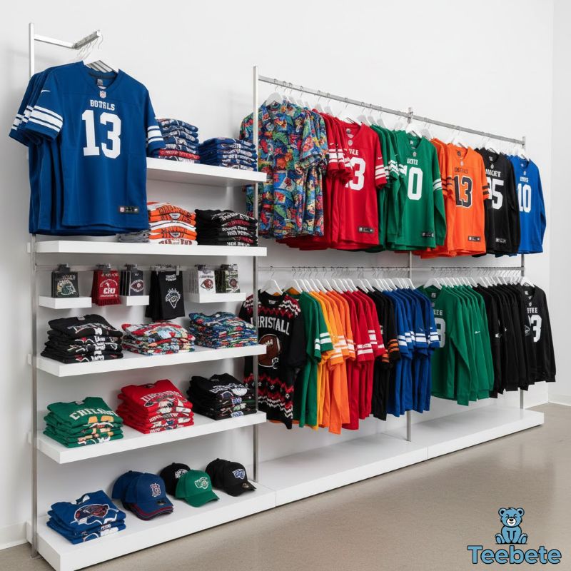 Football apparel collection featuring jerseys, hoodies, tees, and fan gear