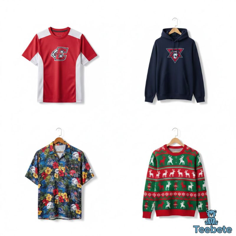 Four types of football fan apparel displayed - casual tees, warm hoodies, tropical shirts, festive sweaters
