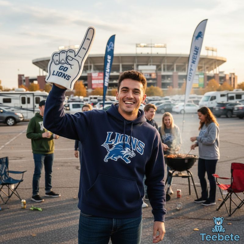 Sports fan in football team hoodie celebrating at game day tailgate Football fan wearing team hoodie at stadium tailgate party