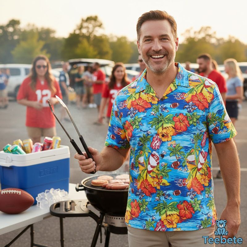 Fan in colorful football Hawaiian shirt hosting tailgate party with grill and friends