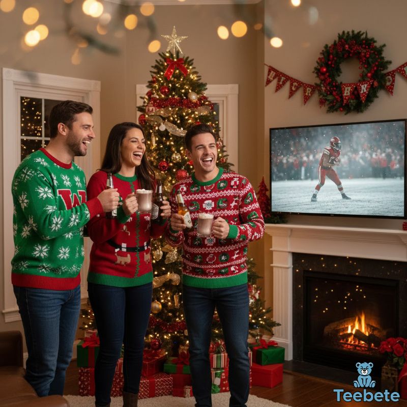 Group wearing festive football ugly sweaters at Christmas party watching playoff game