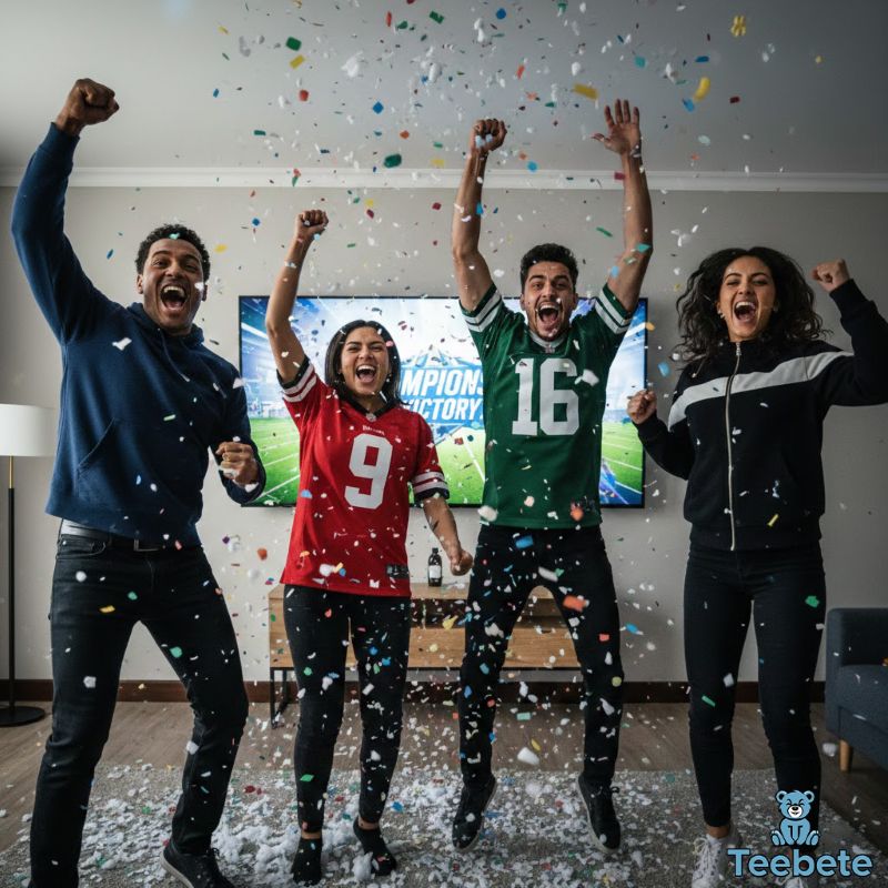 Ecstatic fans in team hoodies and jerseys celebrating playoff victory