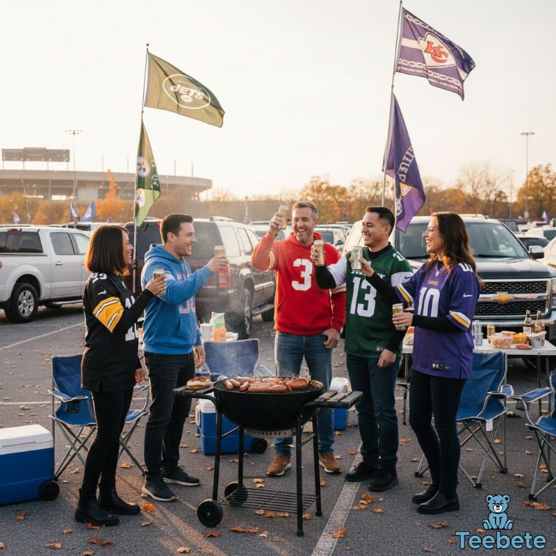 Group of football fans wearing team hoodies and jerseys at stadium tailgate party