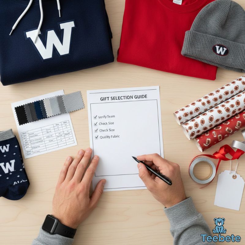 Hands selecting football team apparel gifts with shopping checklist