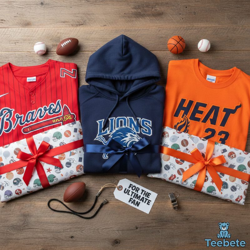 Colorful sports gifts including team jerseys, hoodies, and t-shirts for football, basketball, and baseball fans Sports apparel collection featuring football, basketball, and baseball fan gear