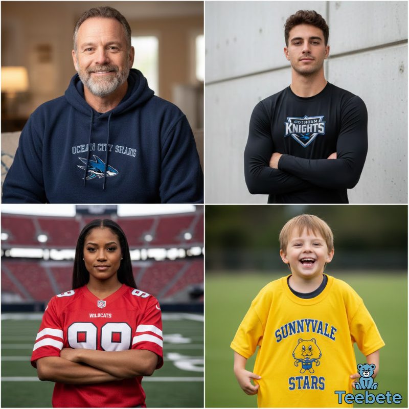 Diverse group including dad, young man, woman, and child in sports gear Sports fans of all ages wearing team apparel