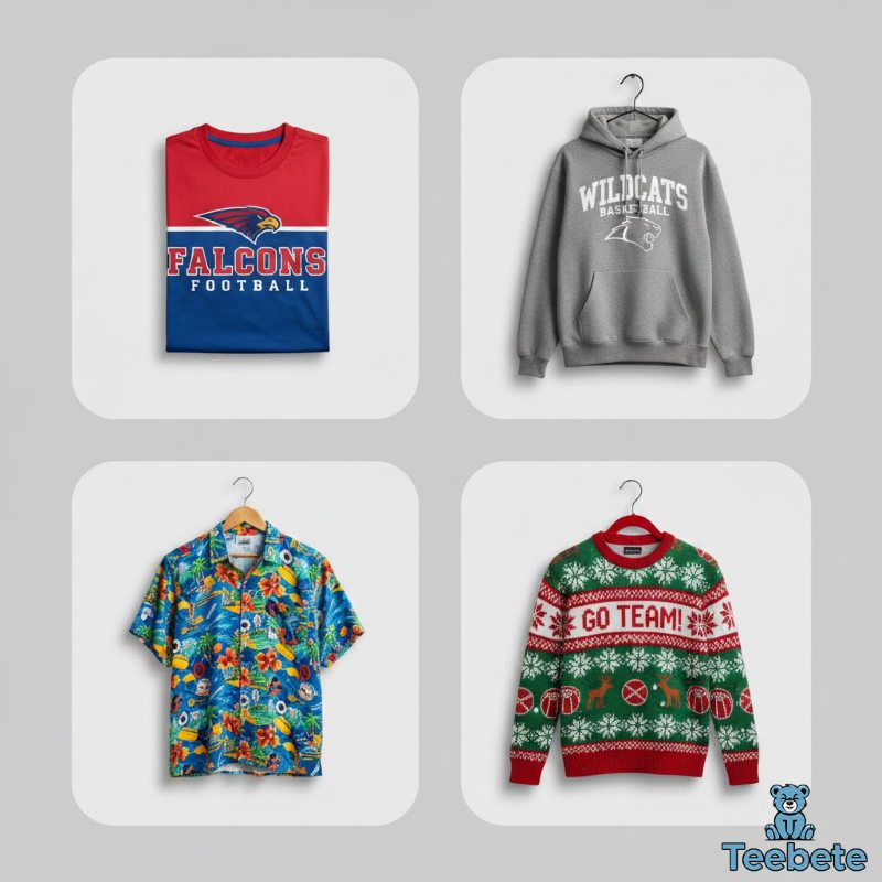 Variety of sports apparel gift types including casual tees, hoodies, and novelty items Sports gift options t-shirts, hoodies, Hawaiian shirts, and ugly sweaters
