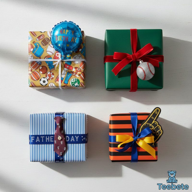 Beautifully wrapped sports-themed gifts for various occasions Sports gifts wrapped for birthdays, holidays, and special celebrations