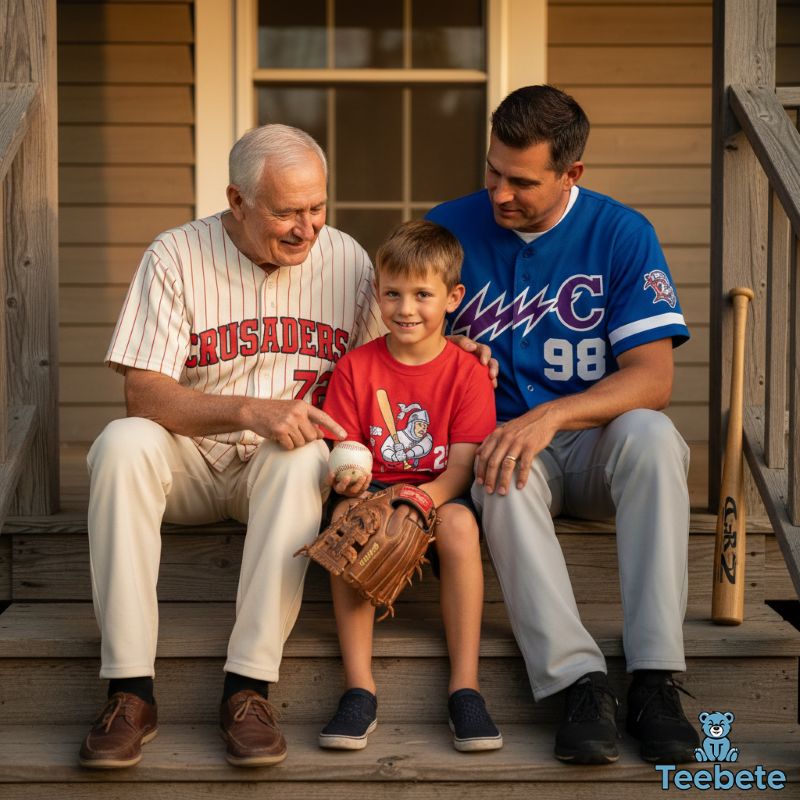 Three generations wearing vintage baseball team apparel together Three generations wearing vintage baseball team apparel together