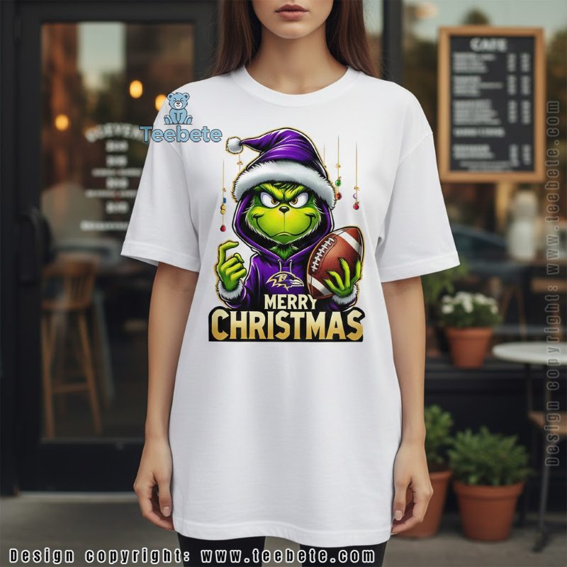 Baltimore Ravens Grinch Christmas Shirt Purple Santa Hat