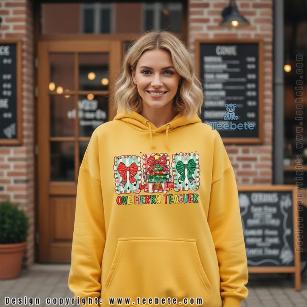 One Merry Teacher Christmas Hoodie Books Bows Holiday Design One Merry Teacher Christmas Hoodie Books Bows Holiday Design
