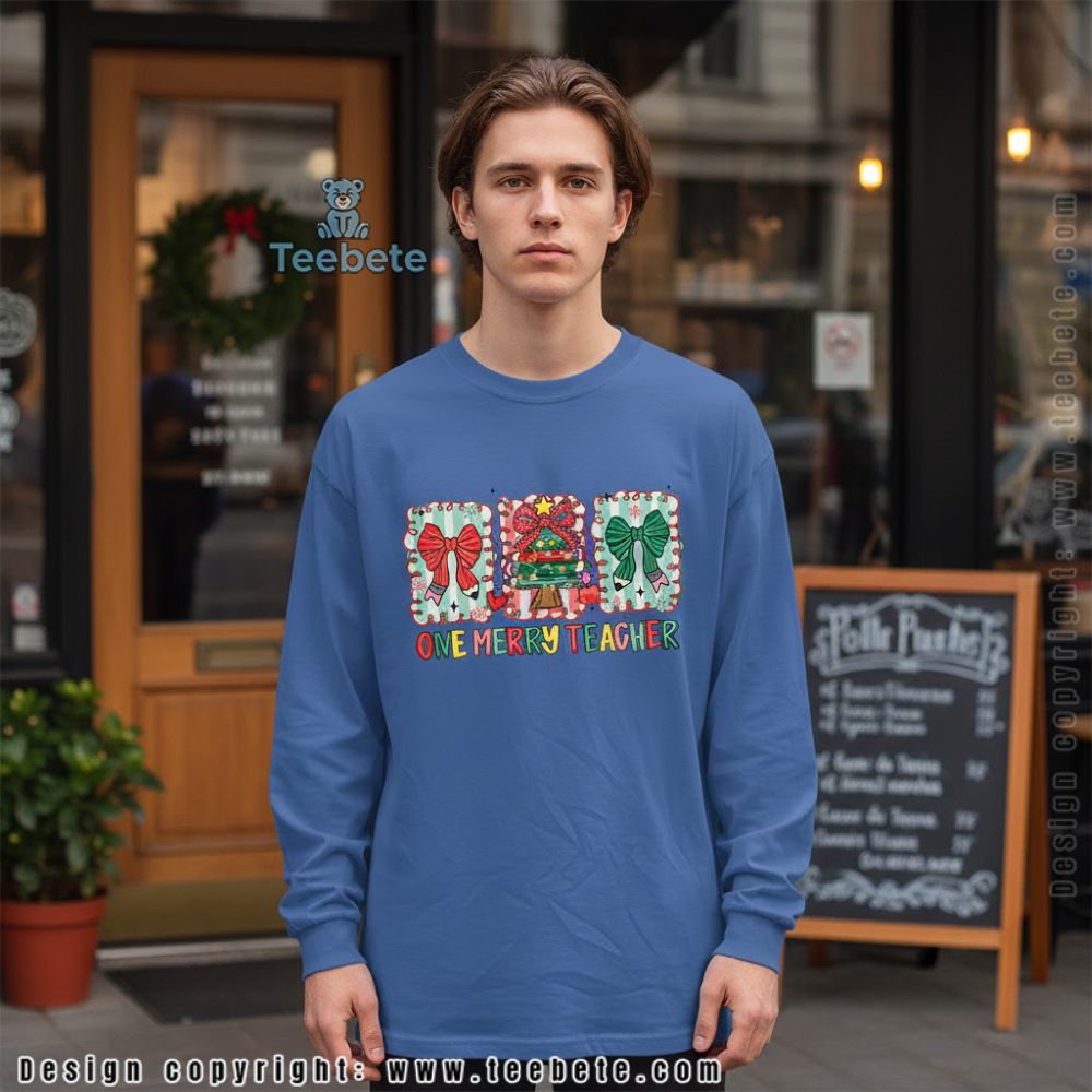 One Merry Teacher Christmas Long Sleeve Books Bows Holiday Design One Merry Teacher Christmas Long Sleeve Books Bows Holiday Design