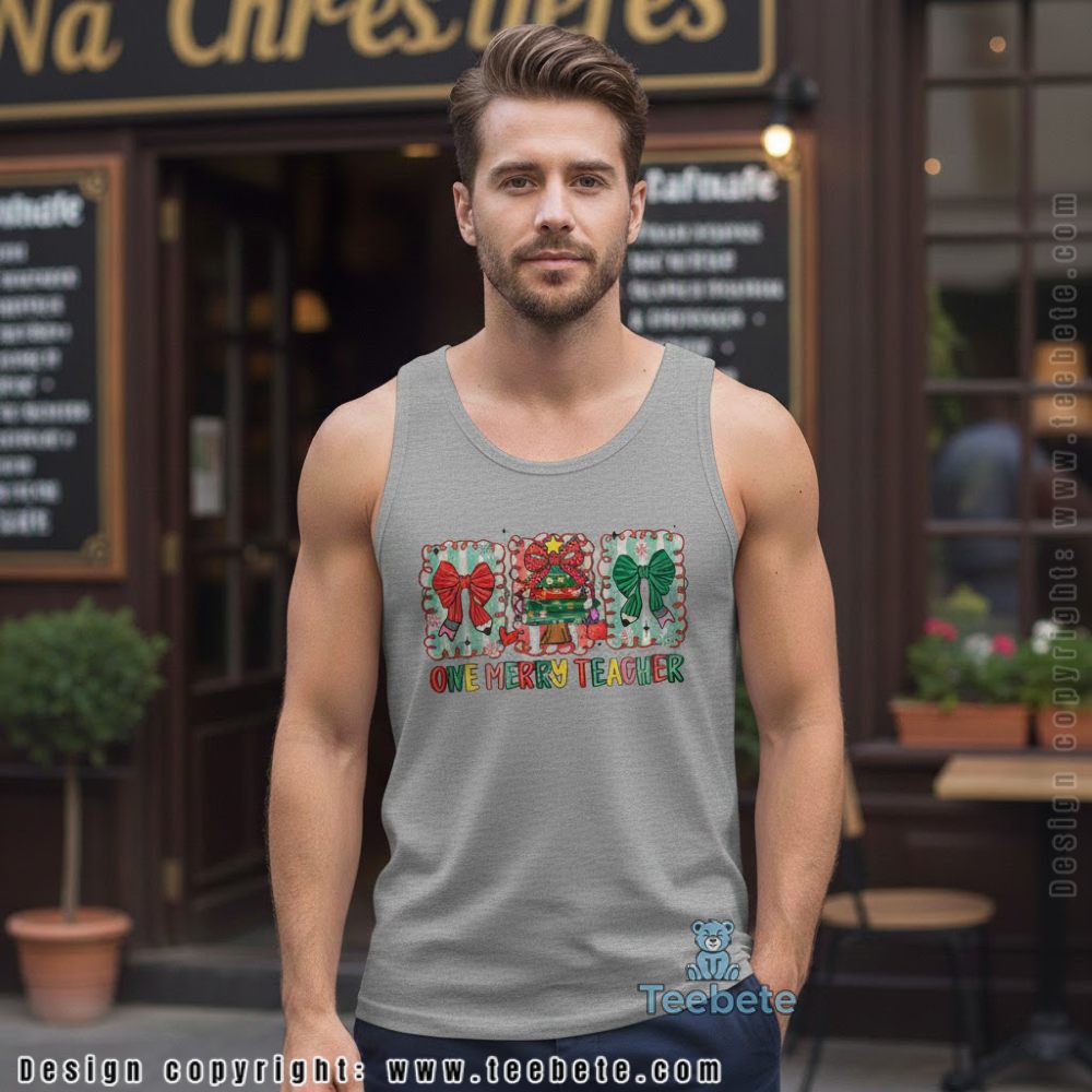 One Merry Teacher Christmas Tanktop Books Bows Holiday Design One Merry Teacher Christmas Tanktop Books Bows Holiday Design