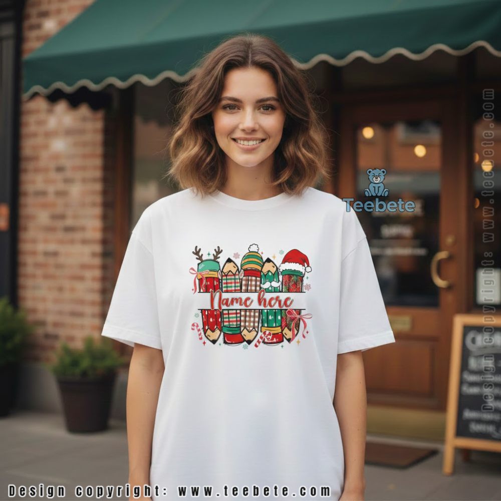 Personalized Teacher Christmas Shirt Custom Name Pencils Holiday