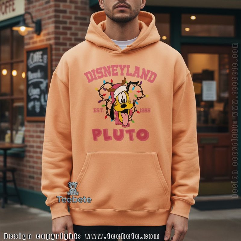 Pluto Disneyland Christmas Hoodie Pink Lights Holiday Est 1955 Pluto Disneyland Christmas Hoodie Pink Lights Holiday Est 1955