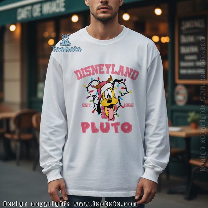 Pluto Disneyland Christmas Long Sleeve Pink Lights Holiday Est 1955 Pluto Disneyland Christmas Long Sleeve Pink Lights Holiday Est 1955