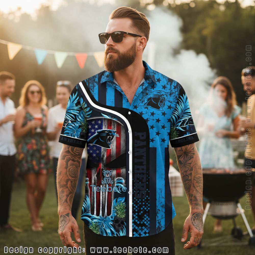 Carolina Panthers Personalized Name American Flag Button Up Shirt