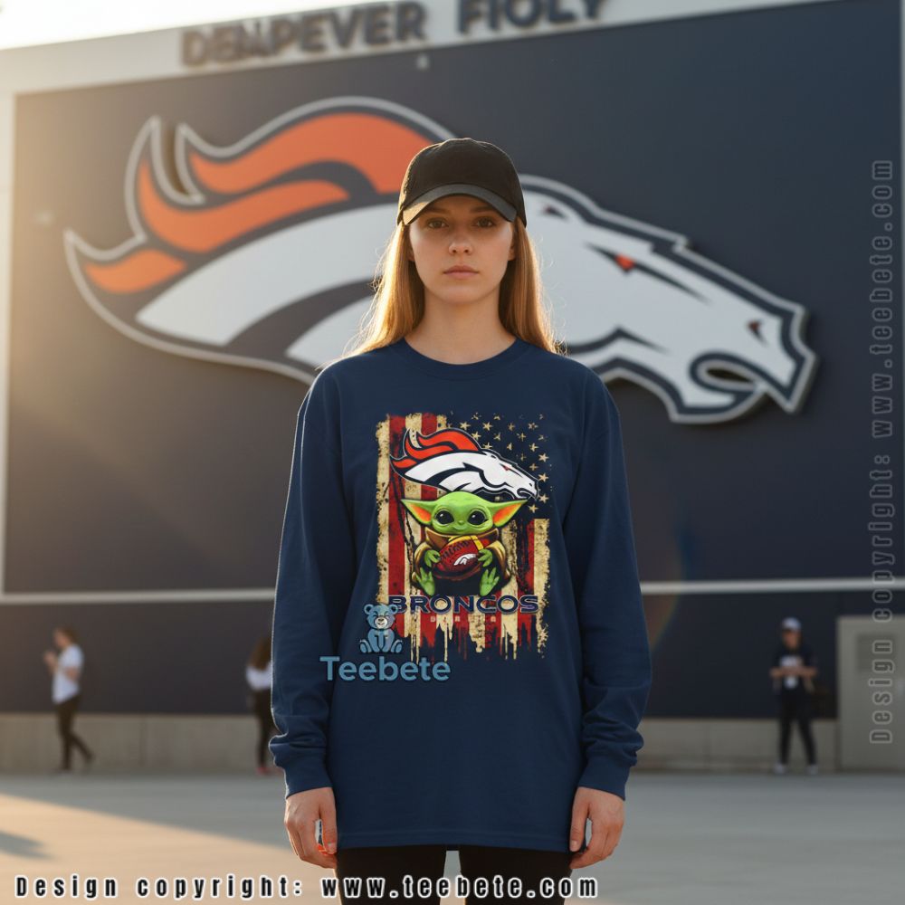 Denver Broncos Baby Yoda American Flag Long Sleeve Denver Broncos Baby Yoda American Flag Long Sleeve