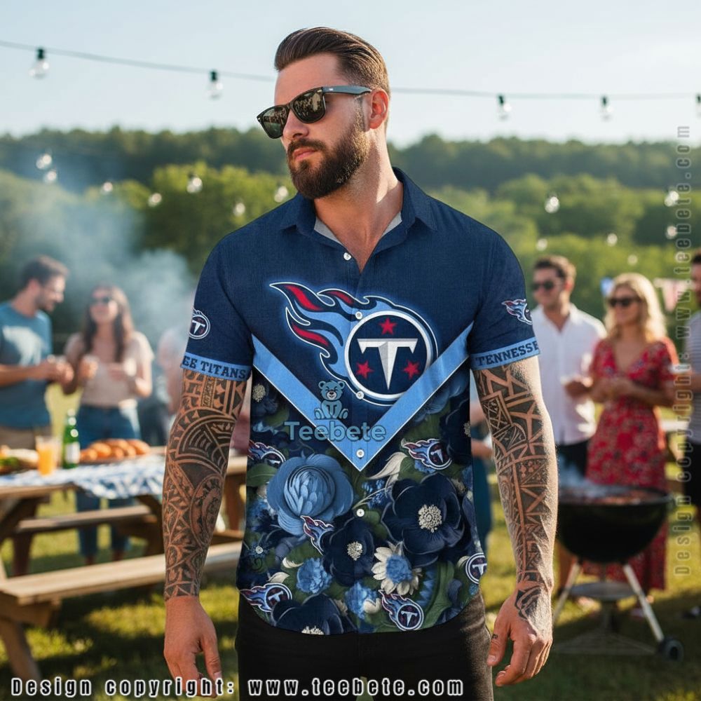 Tennessee Titans Floral V Neck Pattern Navy Summer Hawaiian Shirt