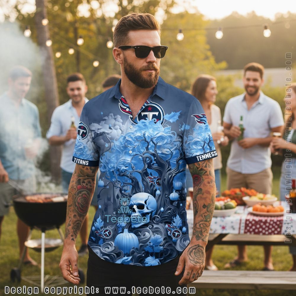 Tennessee Titans Skull and Pumpkin Gothic Blue Floral Hawaiian Shirt
