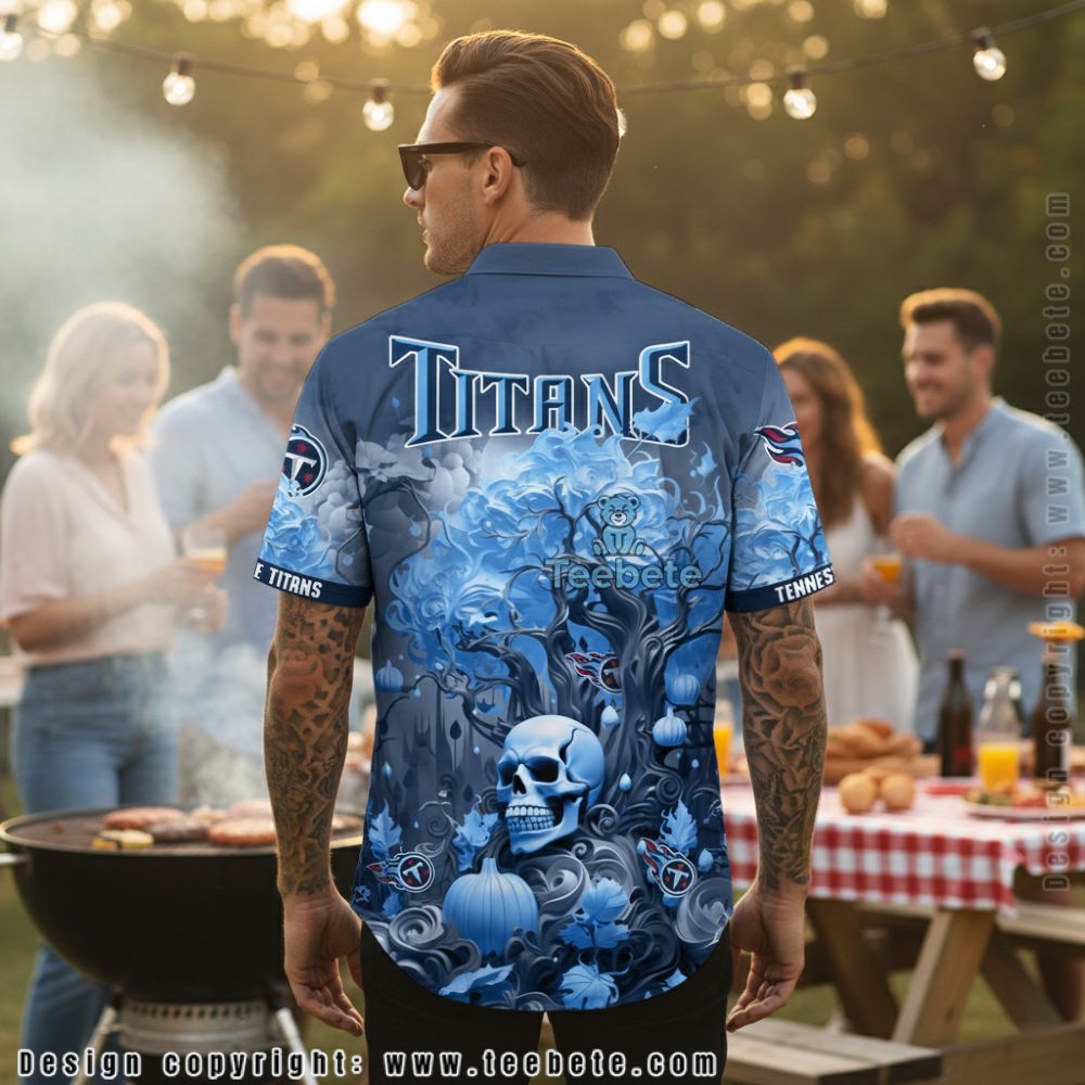 Tennessee Titans Skull and Pumpkin Gothic Blue Floral Hawaiian Shirt Version 2 Tennessee Titans Skull and Pumpkin Gothic Blue Floral Hawaiian Shirt Version 2