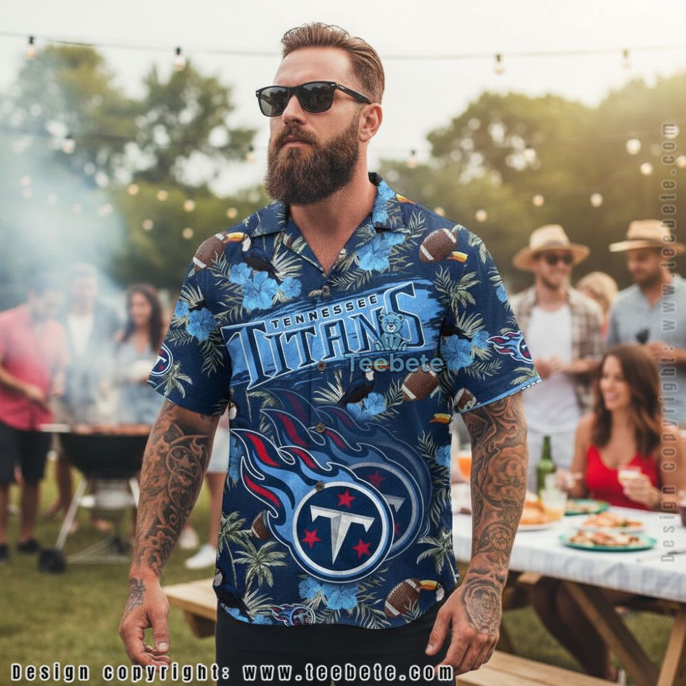 Tennessee Titans Tropical Hibiscus Navy White Floral Hawaiian Shirt