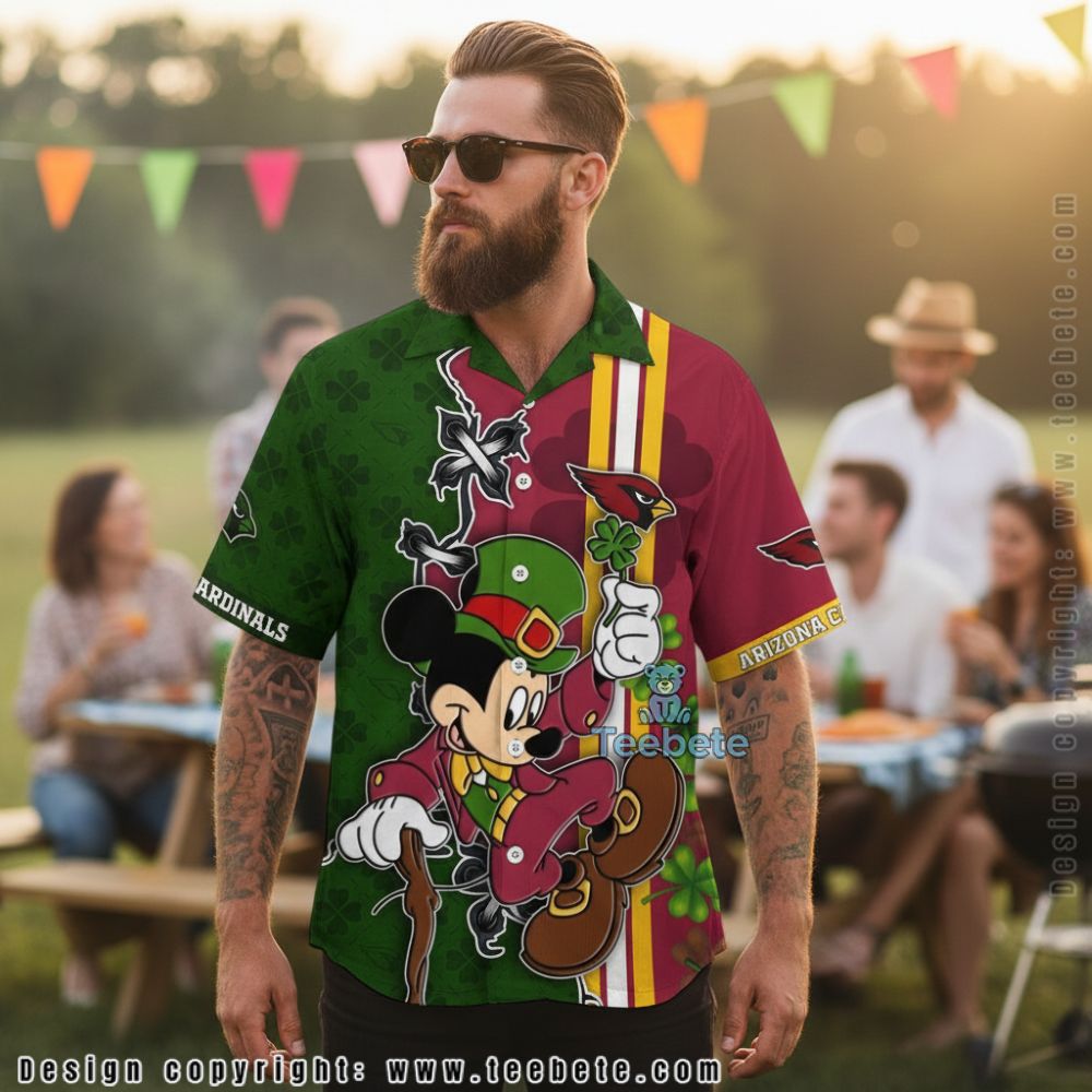 Arizona Cardinals Mickey Mouse St Patricks Day Shamrock Hawaiian Shirt