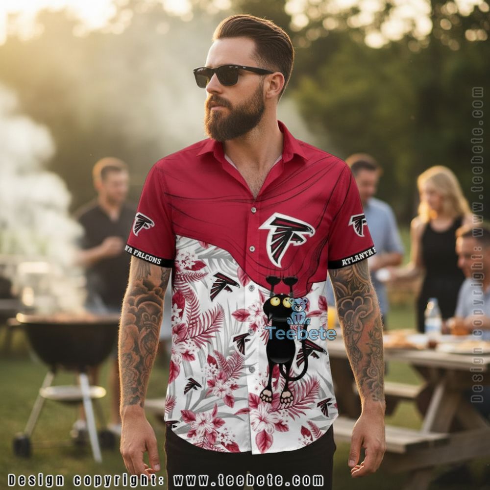 Atlanta Falcons Funny Black Cat Tropical Hibiscus Flower Hawaiian Shirt