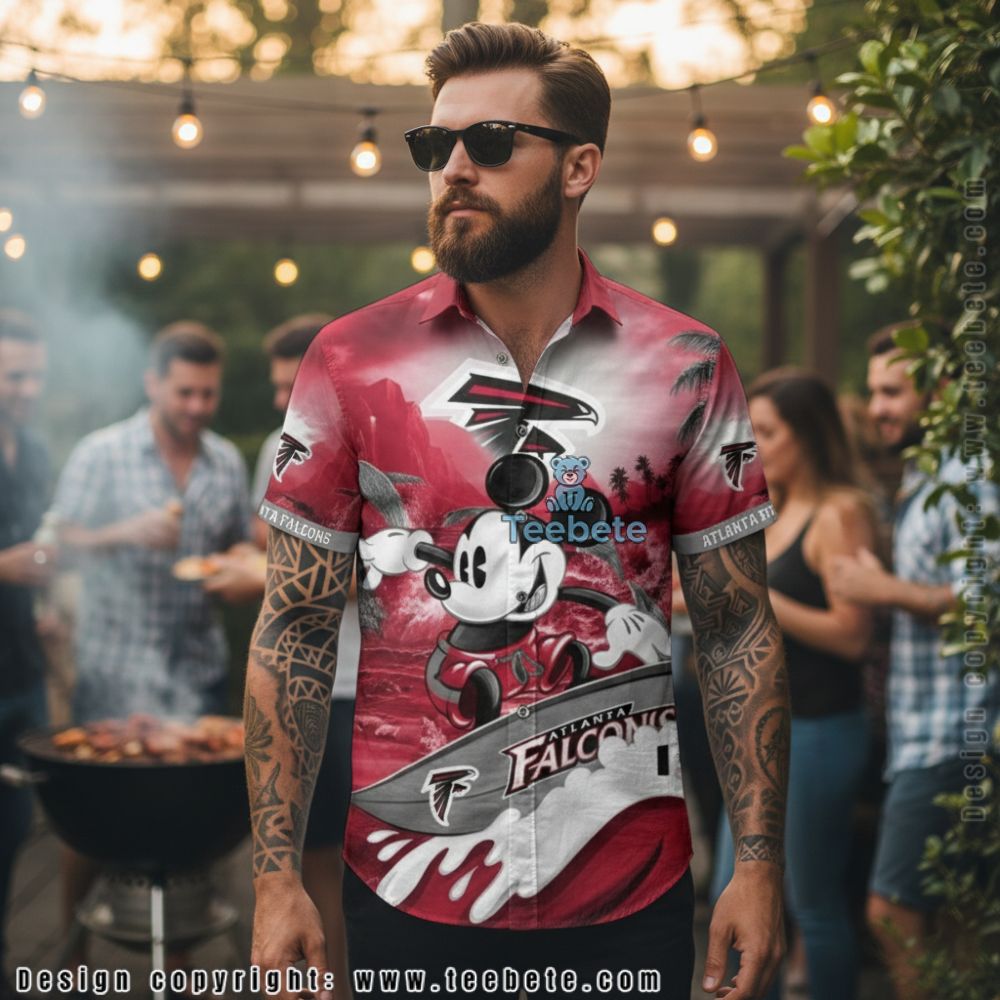 Atlanta Falcons Mickey Mouse Surfing Tropical Sunset Beach Hawaiian Shirt