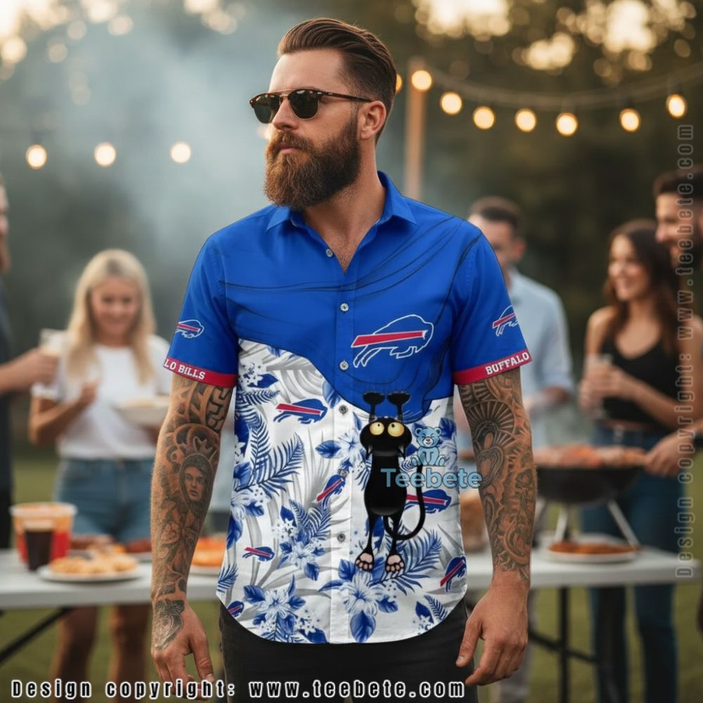 Buffalo Bills Floral Black Cat Clinging Button Up Shirt