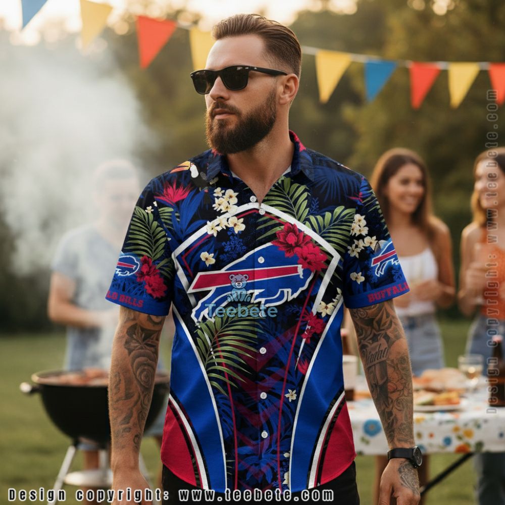 Buffalo Bills Logo Rose And Hibiscus Floral Print Beach Shirt