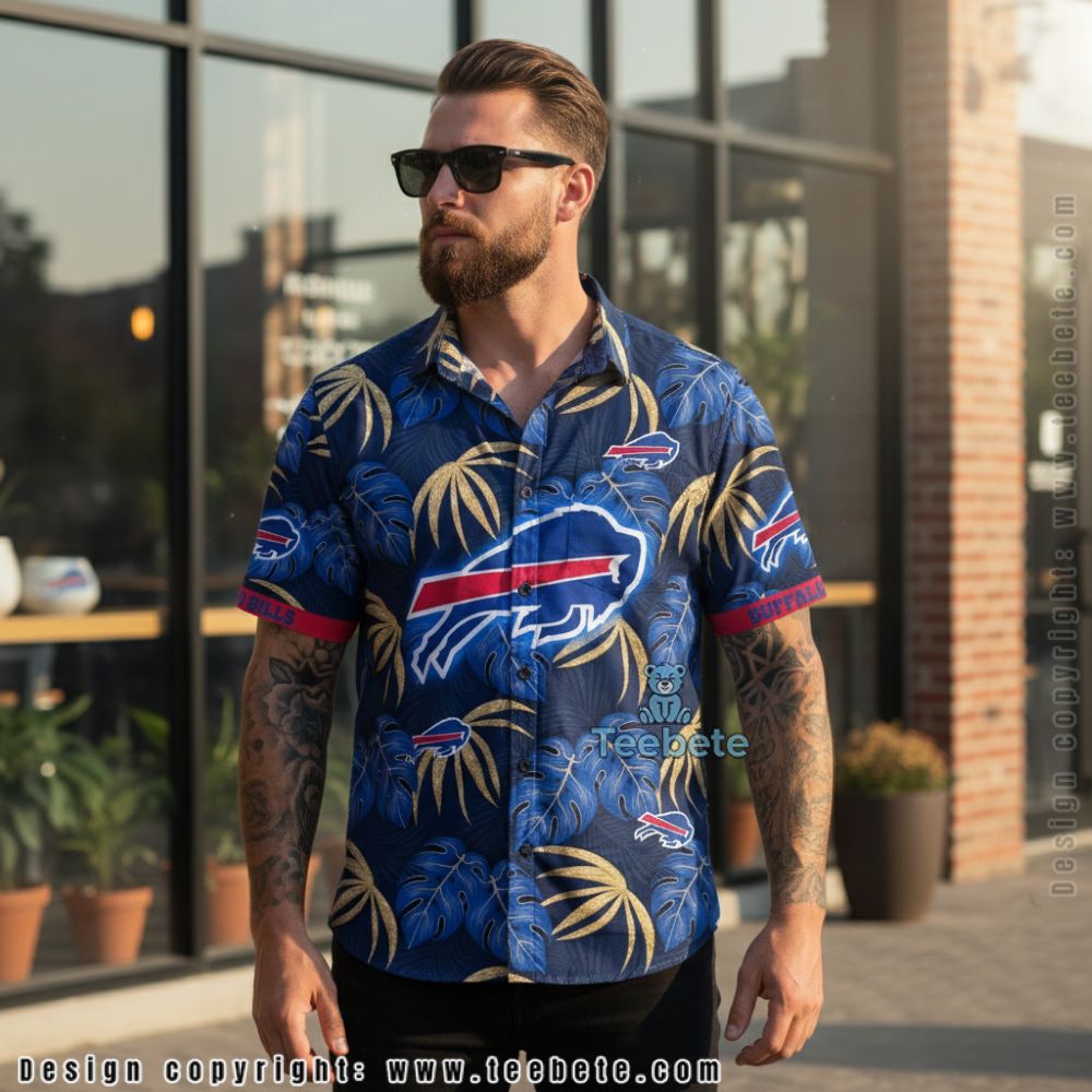 Buffalo Bills Monstera Leaves Gold Palm Graphics Beach Shirt