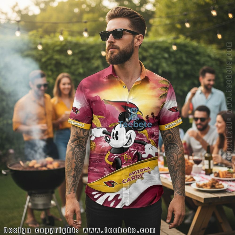 Arizona Cardinals Mickey Mouse American Flag Hibiscus Hawaiian Shirt