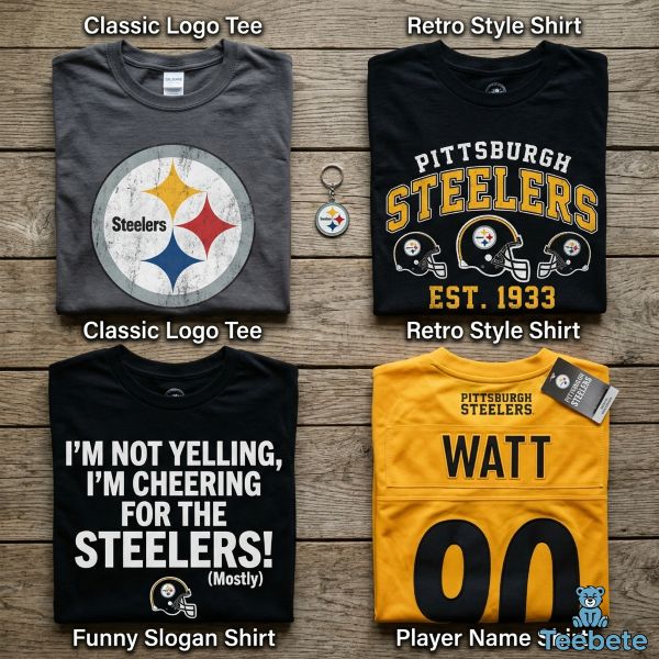 Different Styles Of Pittsburgh Steelers Fan Shirts Displayed On Table Different Styles Of Pittsburgh Steelers Fan Shirts Displayed On Table