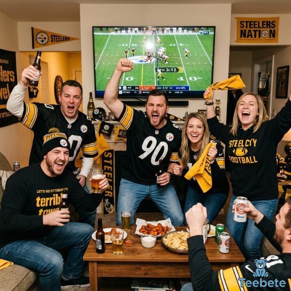 Football Fans Wearing Team Apparel Celebrating Watch Party Together