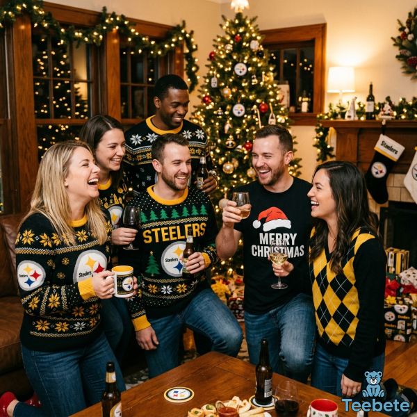 Friends Wearing Pittsburgh Steelers Holiday Shirts At Christmas Party Friends Wearing Pittsburgh Steelers Holiday Shirts At Christmas Party