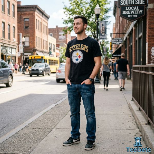 Man Wearing Classic Pittsburgh Steelers Logo Shirt In Casual Outfit Man Wearing Classic Pittsburgh Steelers Logo Shirt In Casual Outfit