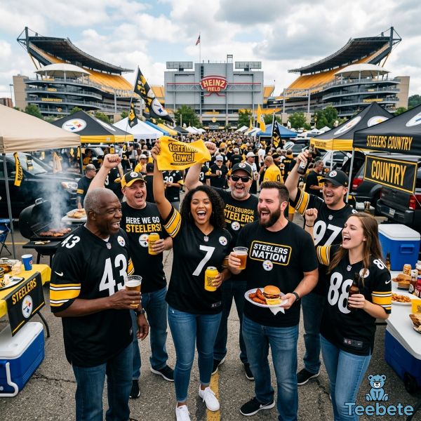 Pittsburgh Steelers Fans Wearing Black And Gold Shirts At Tailgate Party Pittsburgh Steelers Fans Wearing Black And Gold Shirts At Tailgate Party